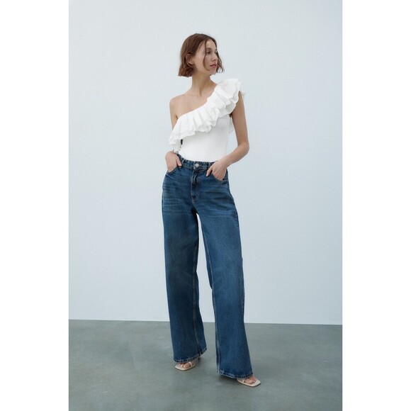 White Zara One Shoulder Openwork Eyelet Embroidered Ruffle Bodysuit (NWT) - Picture 3 of 8